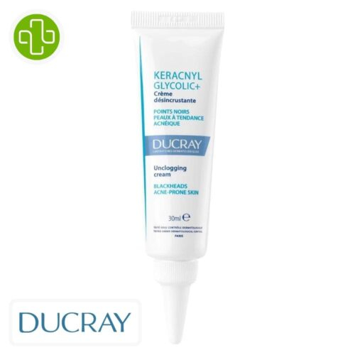 Produit de la marque Ducray Keracnyl Glycolic+ Crème Désincrustante - 30ml sur un fond blanc avec un logo Parachezvous et celui de la marque DUCRAY