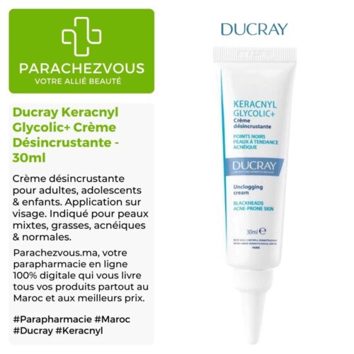 Produit de la marque Ducray Keracnyl Glycolic+ Crème Désincrustante - 30ml sur un fond blanc, vert et gris avec un logo Parachezvous et celui de la marque DUCRAY ainsi qu'une description qui détail les informations du produit