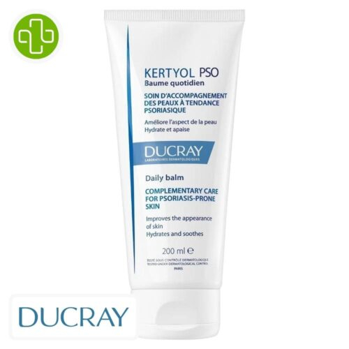 Produit de la marque Ducray Kertyol PSO Baume Quotidien Hydratant Apaisant - 200ml sur un fond blanc avec un logo Parachezvous et celui de la marque DUCRAY