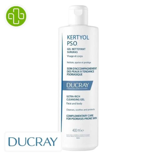 Produit de la marque Ducray Kertyol PSO Gel Nettoyant Surgas Apaisant - 400ml sur un fond blanc avec un logo Parachezvous et celui de la marque DUCRAY