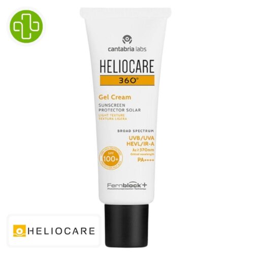Produit de la marque Heliocare 360° Gel-Crème Solaire Spf100 - 50ml sur un fond blanc avec un logo Parachezvous et celui de de la marque Heliocare