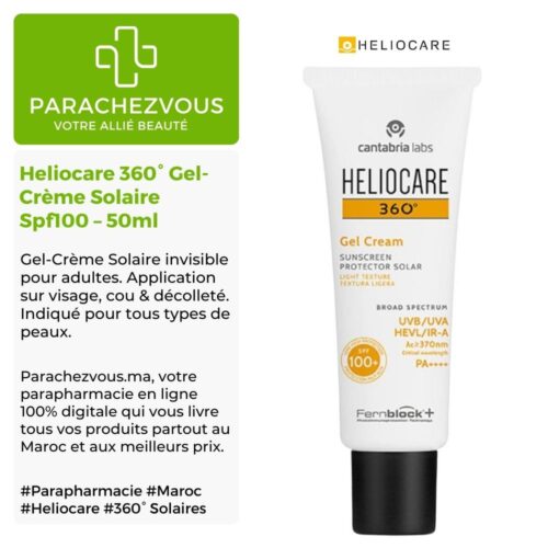 Produit de la marque Heliocare 360° Gel-Crème Solaire Spf100 - 50ml sur un fond blanc, vert et gris avec un logo Parachezvous et celui de la marque Heliocare ainsi qu'une description qui détail les informations du produit