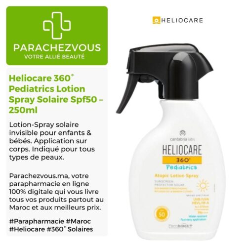 Produit de la marque Heliocare 360° Pediatrics Lotion Spray Solaire Peaux Atopiques Spf50 - 250ml sur un fond blanc, vert et gris avec un logo Parachezvous et celui de la marque Heliocare ainsi qu'une description qui détail les informations du produit