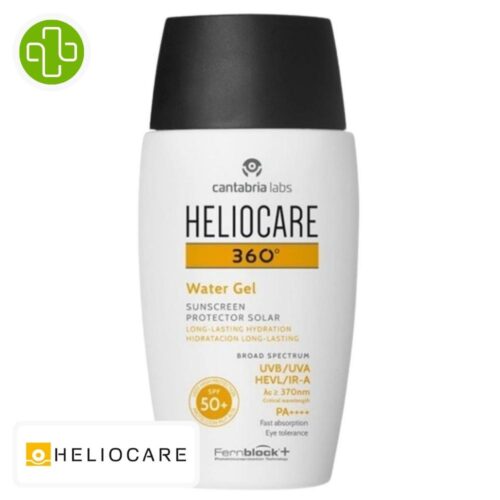 Produit de la marque Heliocare 360° Water-Gel Solaire Invisible Spf50 - 50ml sur un fond blanc avec un logo Parachezvous et celui de de la marque Heliocare