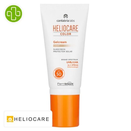 Produit de la marque Heliocare Color Gel-Crème Solaire Teinté Claire Spf50 - 50ml sur un fond blanc avec un logo Parachezvous et celui de de la marque Heliocare