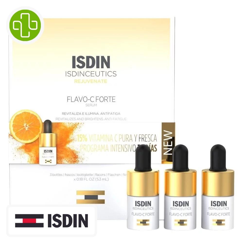 Produit de la marque isdin isdinceutics flavo-c forte anti-âge - 3 sérums sur un fond blanc avec un logo parachezvous et celui de la marque isdin