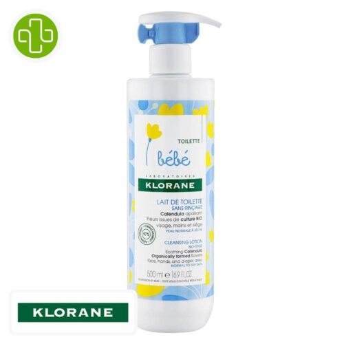 Produit de la marque Klorane Bébé Lait de Toilette Sans Rinçage au Calendula - 500ml sur un fond blanc avec un logo Parachezvous et celui de de la marque klorane