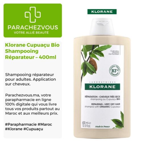 Produit de la marque Klorane Cupuaçu Bio Shampooing Réparateur - 400ml sur un fond blanc, vert et gris avec un logo Parachezvous et celui de la marque klorane ainsi qu'une description qui détail les informations du produit