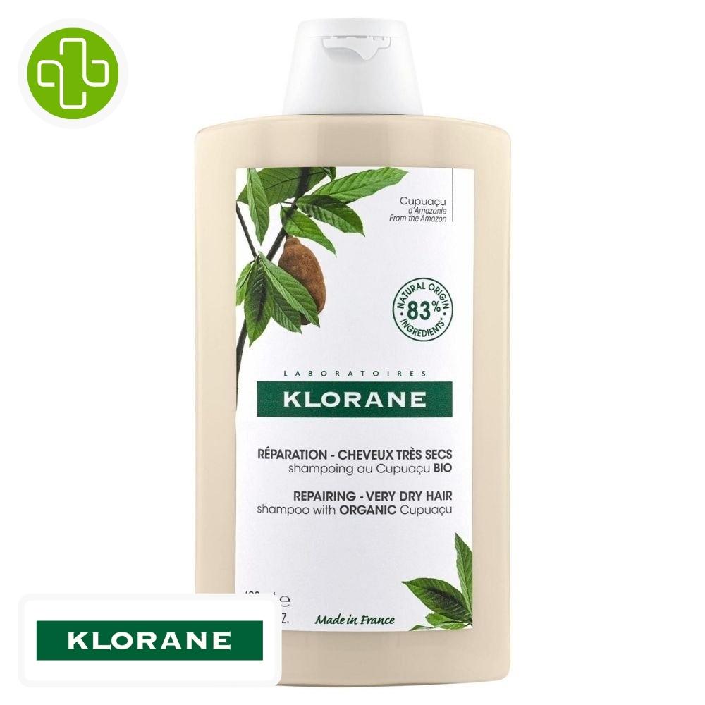 Produit de la marque klorane cupuaçu bio shampooing réparateur - 400ml sur un fond blanc avec un logo parachezvous et celui de de la marque klorane