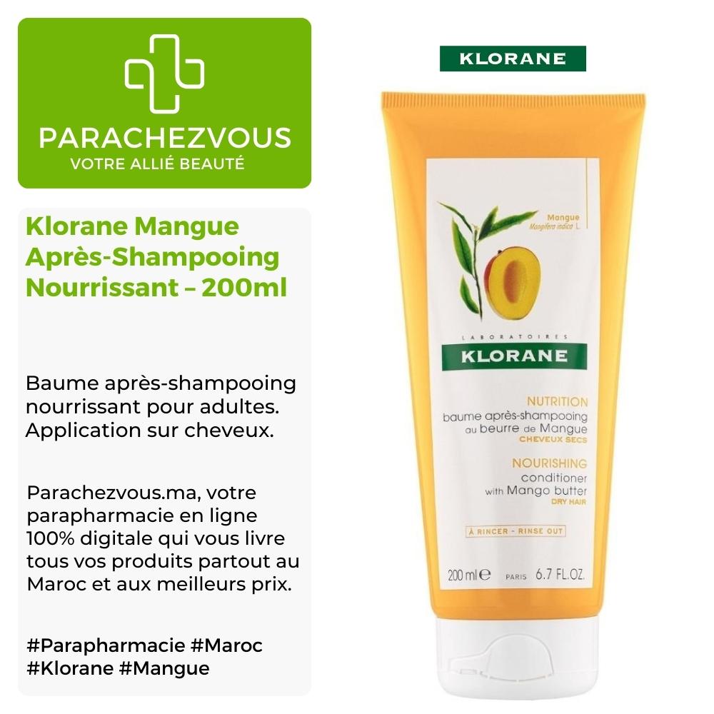Produit de la marque klorane mangue après-shampooing nourrissant - 200ml sur un fond blanc, vert et gris avec un logo parachezvous et celui de la marque klorane ainsi qu'une description qui détail les informations du produit