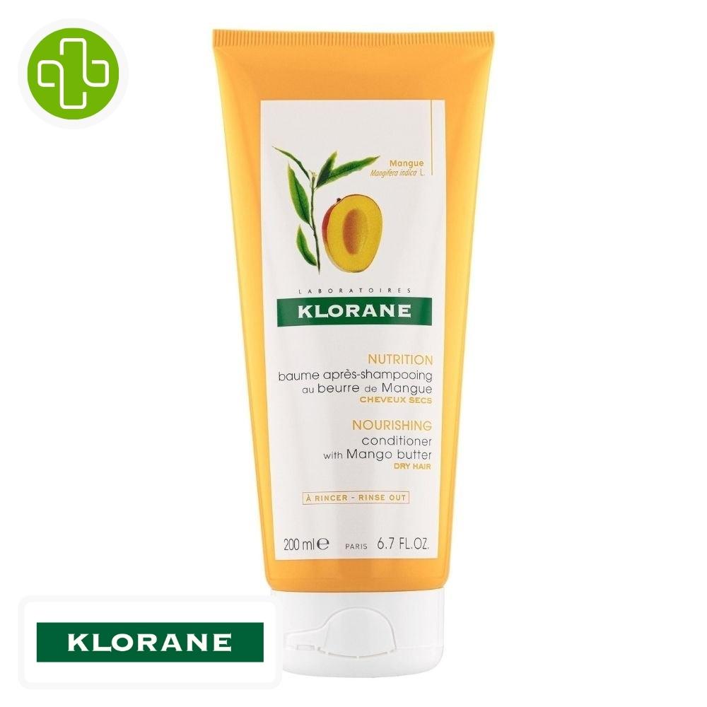 Produit de la marque klorane mangue après-shampooing nourrissant - 200ml sur un fond blanc avec un logo parachezvous et celui de de la marque klorane