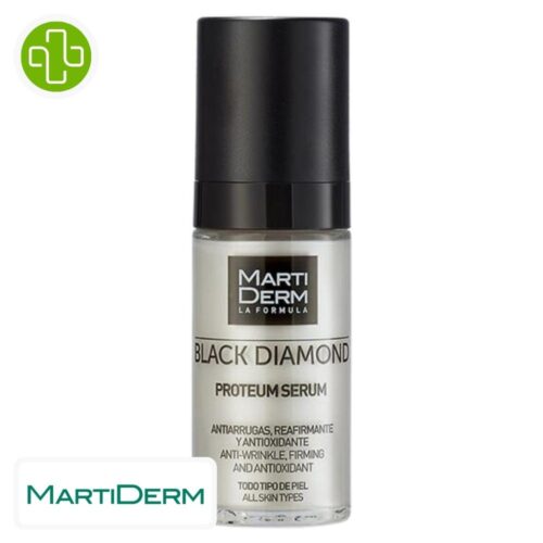 Produit de la marque Marti Derm Black Diamond Proteum Sérum Anti-Âge Hydratant - 30ml sur un fond blanc avec un logo Parachezvous et celui de de la marque Marti Derm