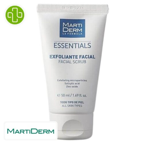 Produit de la marque Marti Derm Essentials Exfoliant Visage Impuretés - 50ml sur un fond blanc avec un logo Parachezvous et celui de de la marque Marti Derm