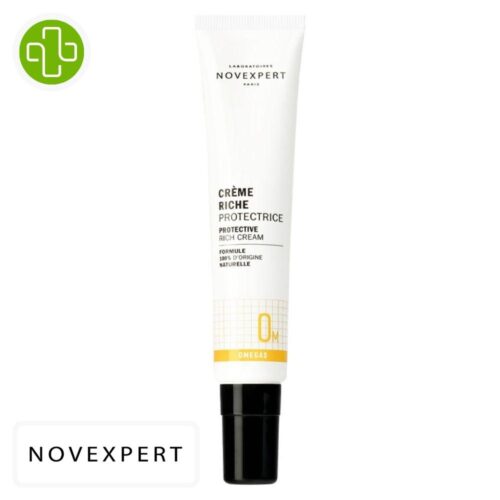 Produit de la marque Novexpert Om Crème Riche Protectrice - 40ml sur un fond blanc avec un logo Parachezvous et celui de de la marque Novexpert