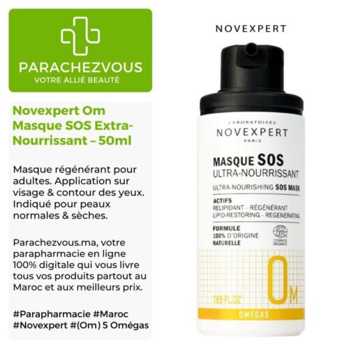 Produit de la marque Novexpert Om Masque SOS Extra-Nourrissant - 50ml sur un fond blanc, vert et gris avec un logo Parachezvous et celui de la marque Novexpert ainsi qu'une description qui détail les informations du produit