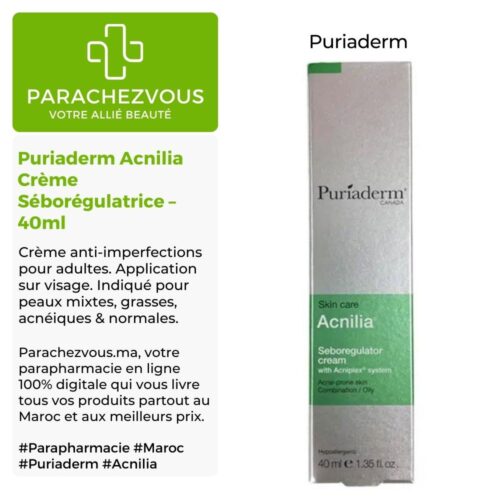 Produit de la marque Puriaderm Acnilia Crème Séborégulatrice - 40ml sur un fond blanc, vert et gris avec un logo Parachezvous et celui de la marque Puriaderm ainsi qu'une description qui détail les informations du produit