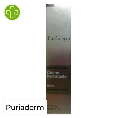 Produit de la marque Puriaderm Crème Hydratante Riche - 40ml sur un fond blanc avec un logo Parachezvous et celui de de la marque Puriaderm