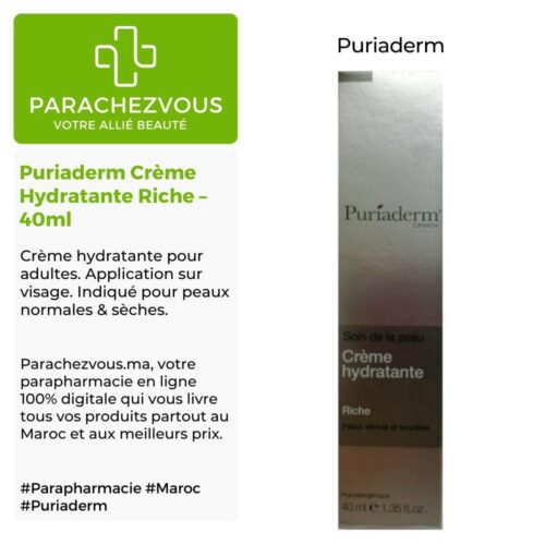 Produit de la marque Puriaderm Crème Hydratante Riche - 40ml sur un fond blanc, vert et gris avec un logo Parachezvous et celui de la marque Puriaderm ainsi qu'une description qui détail les informations du produit
