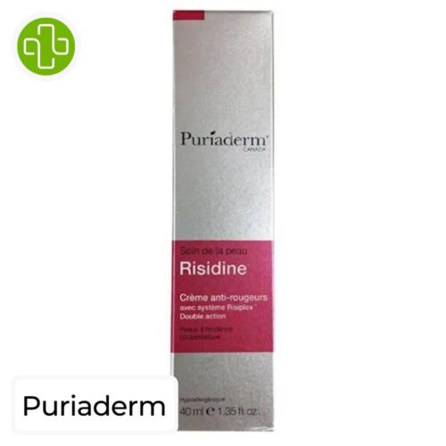 Produit de la marque Puriaderm Risidine Crème Anti-Rougeurs - 40ml sur un fond blanc avec un logo Parachezvous et celui de de la marque Puriaderm