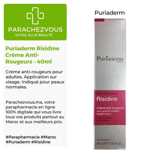 Produit de la marque Puriaderm Risidine Crème Anti-Rougeurs - 40ml sur un fond blanc, vert et gris avec un logo Parachezvous et celui de la marque Puriaderm ainsi qu'une description qui détail les informations du produit
