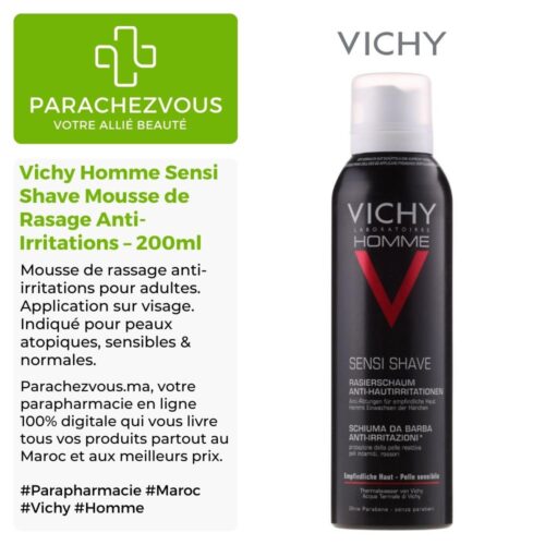 Produit de la marque Vichy Homme Sensi Shave Mousse de Rasage Anti-Irritations - 200ml sur un fond blanc, vert et gris avec un logo Parachezvous et celui de la marque Vichy ainsi qu'une description qui détail les informations du produit