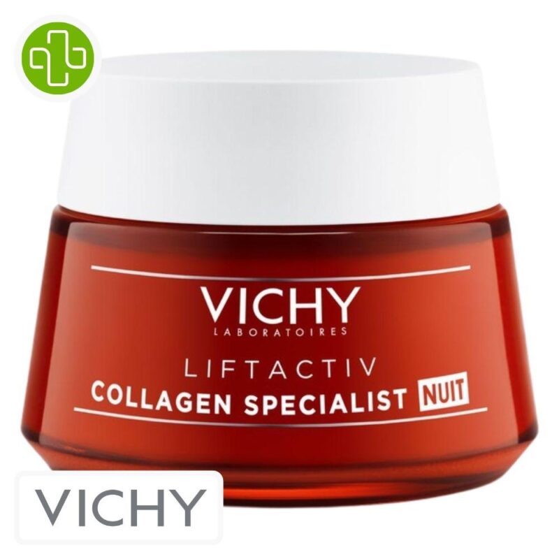 Produit de la marque vichy liftactiv collagen specialist crème de nuit anti-âge - 50ml sur un fond blanc avec un logo parachezvous et celui de de la marque vichy