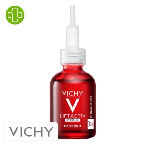 Produit de la marque Vichy Liftactiv Specialist Sérum B3 Anti-Âge & Anti-Taches - 30ml sur un fond blanc avec un logo Parachezvous et celui de de la marque Vichy
