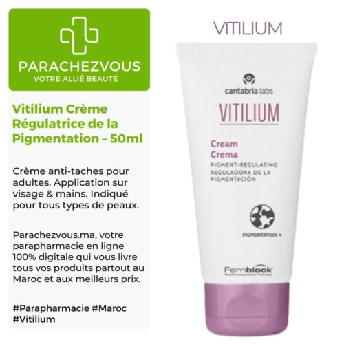 Produit de la marque Vitilium Crème Régulatrice de la Pigmentation - 50ml sur un fond blanc, vert et gris avec un logo Parachezvous et celui de la marque Vitilium ainsi qu'une description qui détail les informations du produit