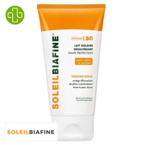 Produit de la marque SOLEIL BIAFINE LAIT SOLAIRE ULTRA HYDRATANT SPF50+ 150ml sur un fond blanc avec un logo Parachezvous et celui de de la marque Soleil Biafine