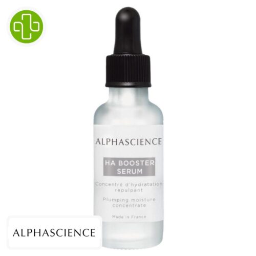 Produit de la marque alphascience ha booster sérum anti-âge hydratant - 30ml sur un fond blanc avec un logo parachezvous et celui de de la marque alphascience