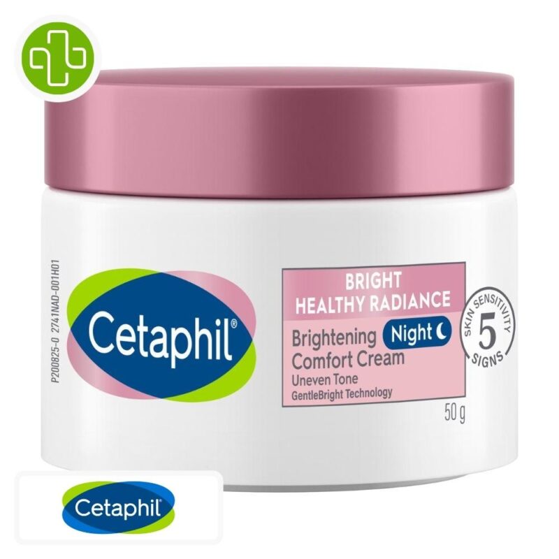Produit de la marque Cetaphil Bright Healthy Radiance Crème de Nuit Éclaircissante Confort - 50g sur un fond blanc avec un logo Parachezvous et celui de de la marque Cetaphil