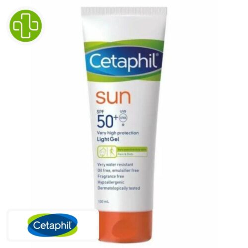 Produit de la marque Cetaphil Sun Gel Solaire Léger Spf50 - 100ml sur un fond blanc avec un logo Parachezvous et celui de de la marque Cetaphil