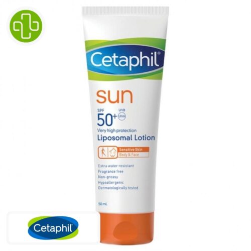 Produit de la marque Cetaphil Sun Lotion Solaire Liposomale Spf50 - 100ml sur un fond blanc avec un logo Parachezvous et celui de de la marque Cetaphil