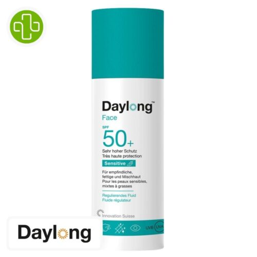 Produit de la marque Daylong Sensitive Face Fluide Solaire Régulateur Spf50 - 50ml sur un fond blanc avec un logo Parachezvous et celui de de la marque Daylong