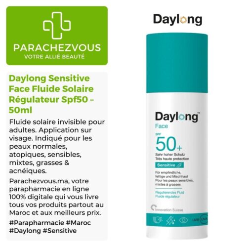 Produit de la marque Daylong Sensitive Face Fluide Solaire Régulateur Spf50 - 50ml sur un fond blanc, vert et gris avec un logo Parachezvous et celui de la marque Daylong ainsi qu'une description qui détail les informations du produit