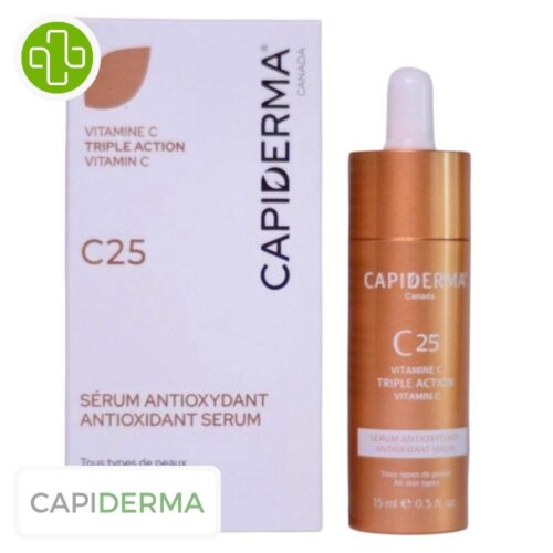 Produit de la marque Capiderma C25 Sérum Antioxydant Anti-Âge - 15ml sur un fond blanc avec un logo Parachezvous et celui de de la marque Capiderma