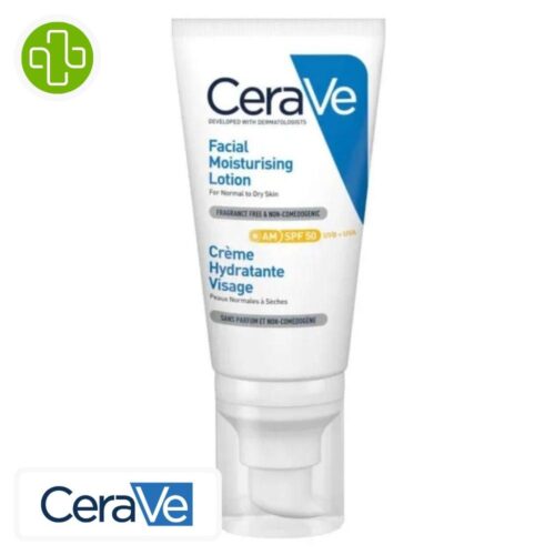 Produit de la marque CeraVe Crème Hydratante Visage Spf50 Peaux Normales à Sèches - 52ml sur un fond blanc avec un logo Parachezvous et celui de de la marque CeraVe