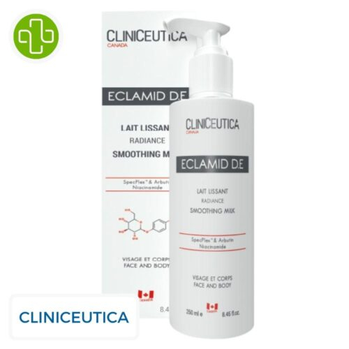 Produit de la marque Cliniceutica Eclamid D.E Radiance Lait Lissant - 250ml sur un fond blanc avec un logo Parachezvous et celui de de la marque Cliniceutica