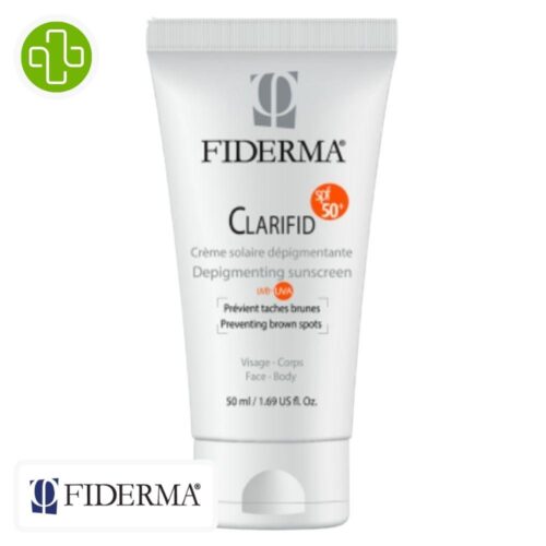 Produit de la marque Fiderma Clarifid Écran Solaire Dépigmentant Spf50 - 50ml sur un fond blanc avec un logo Parachezvous celui de de la marque Fiderma