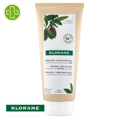 Produit de la marque Klorane Cupuaçu Bio Après-Shampooing Réparateur - 200ml sur un fond blanc avec un logo Parachezvous et celui de de la marque klorane