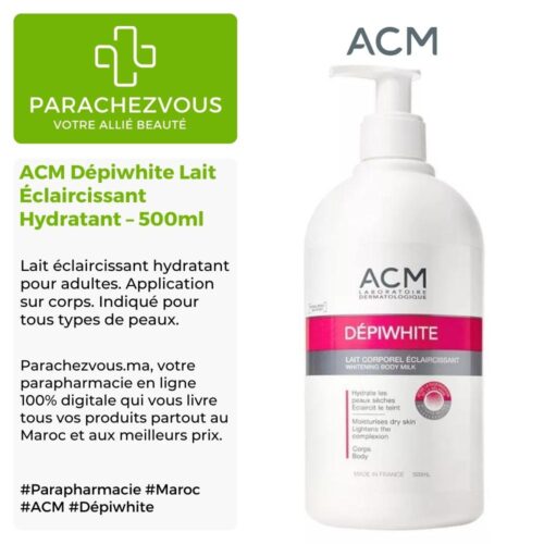 Produit de la marque ACM Dépiwhite Lait Éclaircissant Hydratant - 500ml sur un fond blanc, vert et gris avec un logo Parachezvous et celui de la marque ACM ainsi qu'une description qui détail les informations du produit