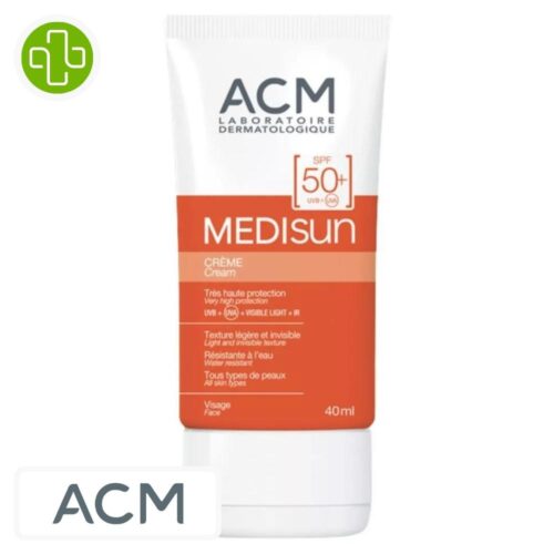 Produit de la marque ACM Medisun Crème Solaire Invisible Spf50 - 40ml sur un fond blanc avec un logo Parachezvous et celui de de la marque ACM