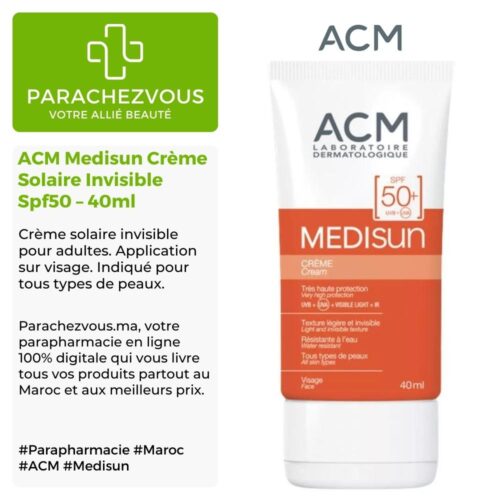 Produit de la marque ACM Medisun Crème Solaire Invisible Spf50 - 40ml sur un fond blanc, vert et gris avec un logo Parachezvous et celui de la marque ACM ainsi qu'une description qui détail les informations du produit