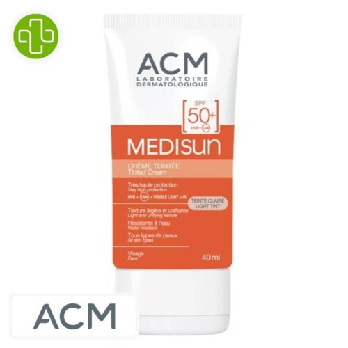 Produit de la marque ACM Medisun Crème Solaire Teintée Spf50 - 40ml sur un fond blanc avec un logo Parachezvous et celui de de la marque ACM