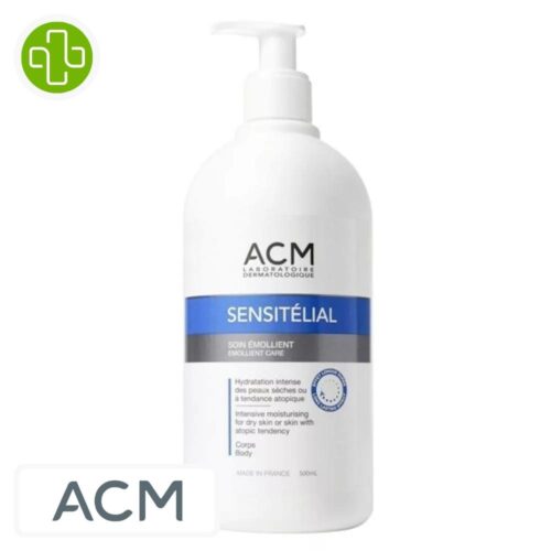 Produit de la marque ACM Sensitélial Soin Émollient - 500ml sur un fond blanc avec un logo Parachezvous et celui de de la marque ACM