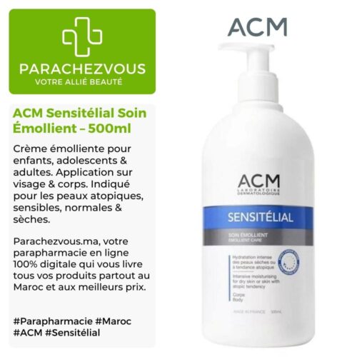 Produit de la marque ACM Sensitélial Soin Émollient - 500ml sur un fond blanc, vert et gris avec un logo Parachezvous et celui de la marque ACM ainsi qu'une description qui détail les informations du produit