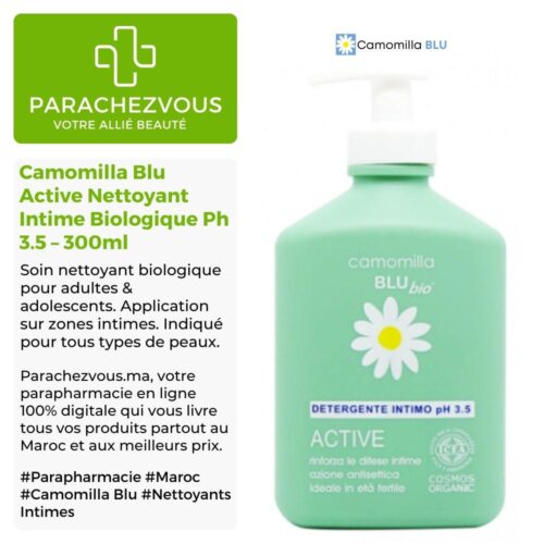 Produit de la marque Camomilla Blu Active Nettoyant Intime Biologique Cosmos Organic Ph 3.5 - 300ml sur un fond blanc, vert et gris avec un logo Parachezvous et celui de la marque Camomilla Blu ainsi qu'une description qui détail les informations du produit
