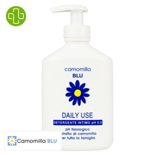 Produit de la marque Camomilla Blu Daily Use Nettoyant Intime à Usage Quotidien Ph 5.5 - 300ml sur un fond blanc avec un logo Parachezvous et celui de de la marque Camomilla Blu