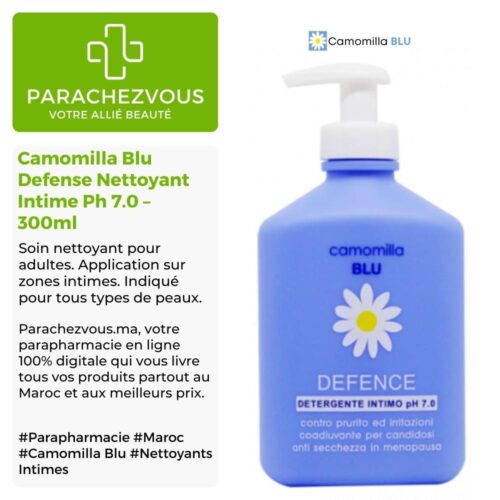 Produit de la marque Camomilla Blu Defense Nettoyant Intime Ph 7.0 - 300ml sur un fond blanc, vert et gris avec un logo Parachezvous et celui de la marque Camomilla Blu ainsi qu'une description qui détail les informations du produit