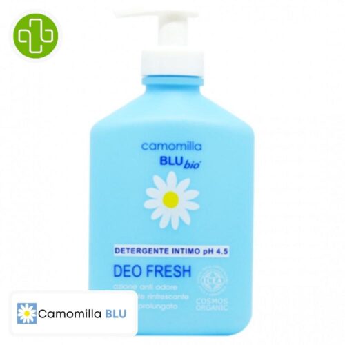 Produit de la marque Camomilla Blu Deo Fresh Nettoyant Intime Rafraîchissant Ph 4.5 - 300ml sur un fond blanc avec un logo Parachezvous et celui de de la marque Camomilla Blu